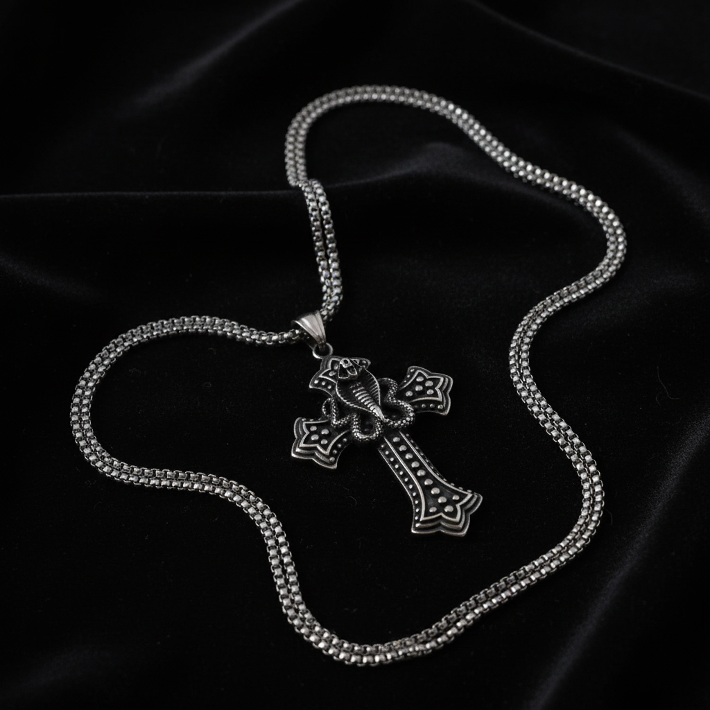 Collana croce e serpente - flat lay velluto