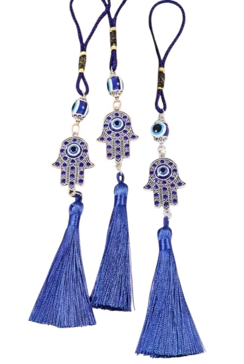 Mano di Fatima Hamsa con Occhio Nazar e Nappa Blu 27cm
