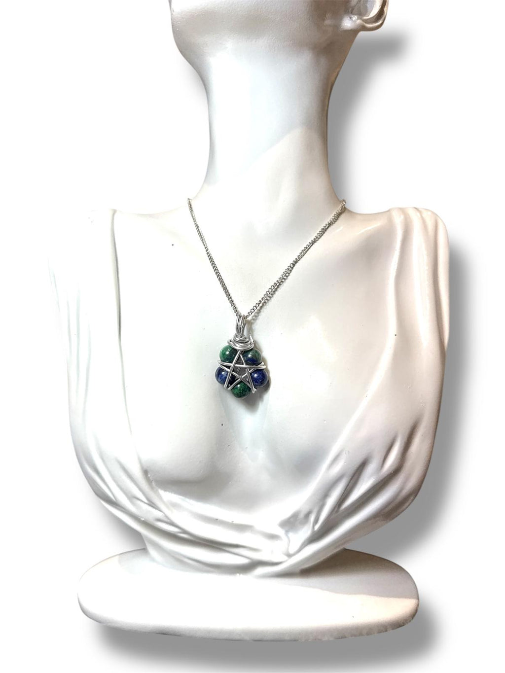 Collana Pentacolo in Alluminio Inox con Perle di Crisocolla 8 mm - Fatto a Mano