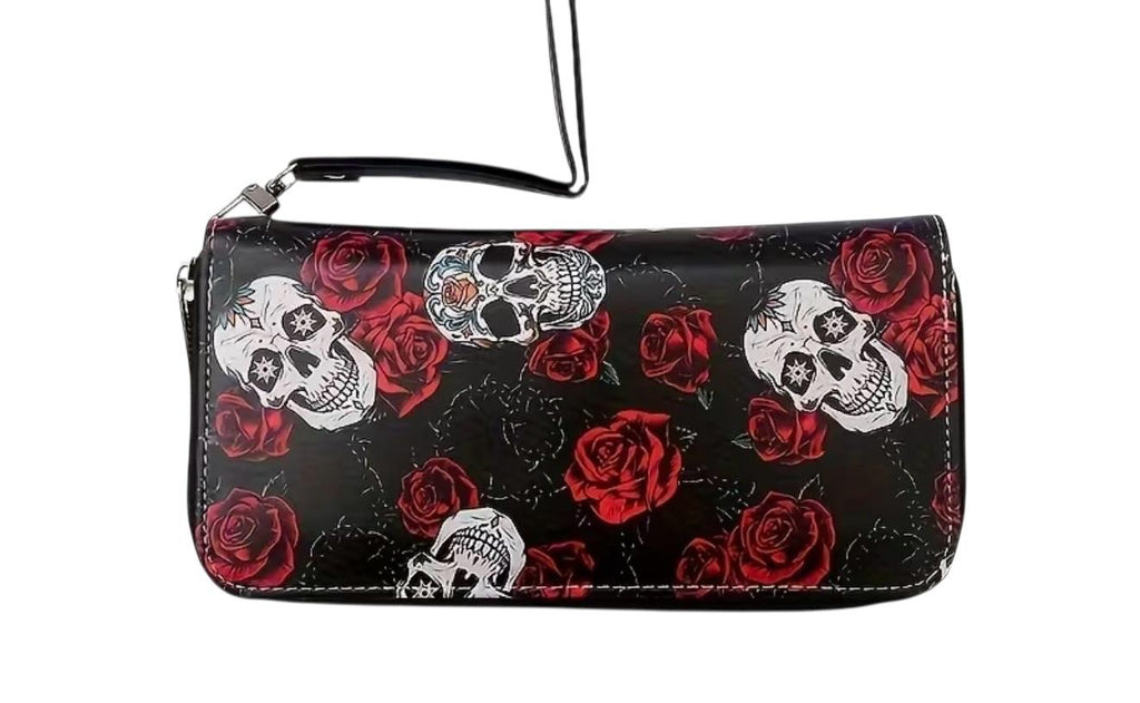 Portafoglio Teschi Sugar Skull e Rose Rosse con Tracolla 20x10cm