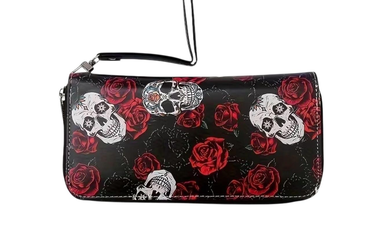 Portafoglio Teschi Sugar Skull e Rose Rosse con Tracolla 20x10cm
