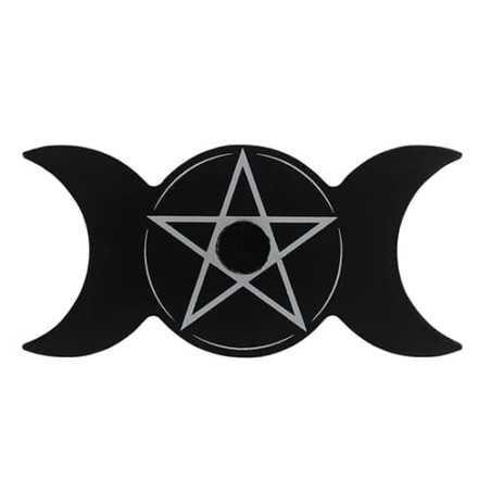Portacandele Tripla Luna con Pentagramma Nero Gotico per Candele Rituali