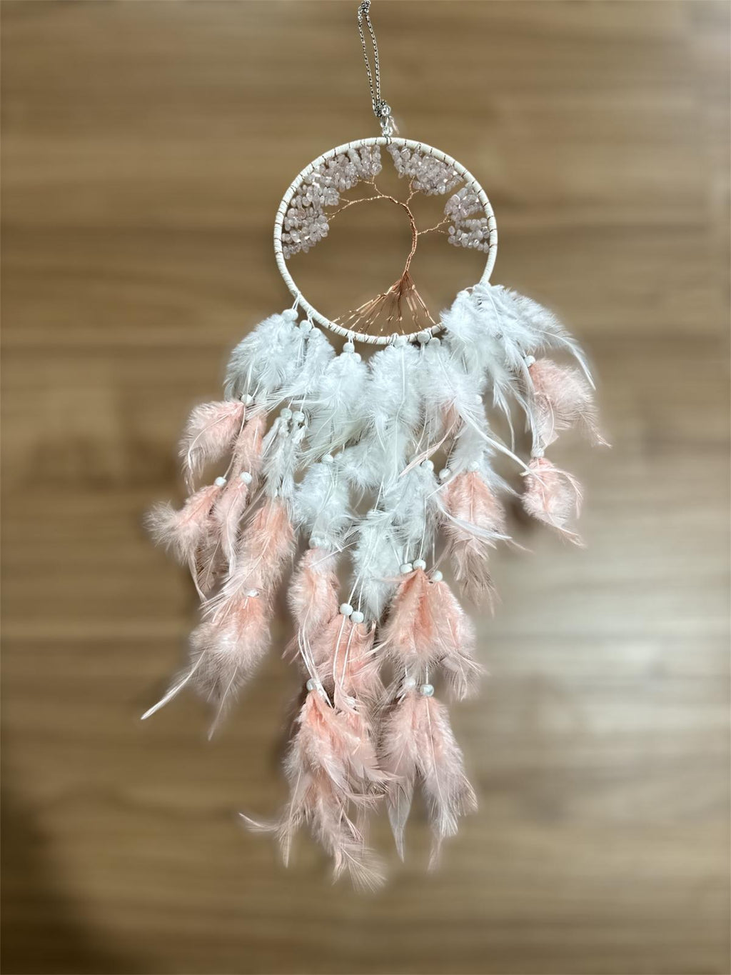 Acchiappasogni Albero della Vita con Quarzo Rosa e Piume Pastello 65cm