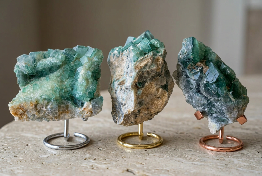 Tre esemplari di fluorite verde affiancati sui rispettivi supporti, senza bordi